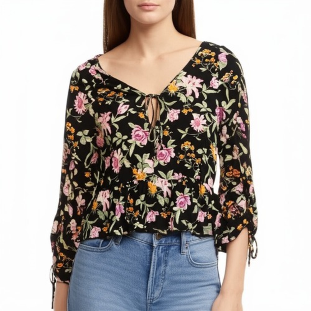 American Eagle Outfitters Black Floral Print Tie Cuff Peplum Blouse Small